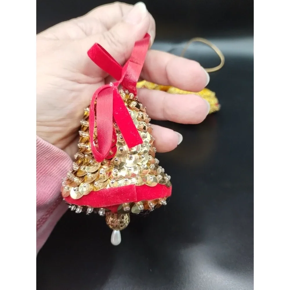 Set Of 3 Vintage Handmade Beaded Sequins Christmas Ornaments